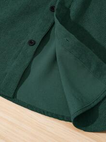 SHEIN Tween Boys' Casual Corduroy Patch Hooded Loose Woven Shirt - Dark Green - View 3