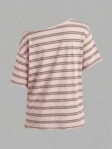 SHEIN EZwear 女款 95% 棉粉色條紋露肩 T-shirt - 全身印花；夏季街頭風/軟妹風/居家 - 白色 - 查看 2