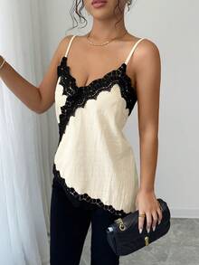 SHEIN Raffinéa 女款優雅法式蕾絲拼接不對稱下擺細肩帶背心 - 彩色 - 查看 3