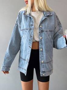 SHEIN PETITE Women's Single-Breasted Casual Versatile Daily Denim Jacket - Blue - View 6