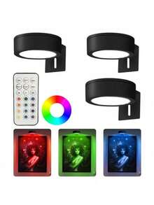 1/3/6个RGB LED无线金属壁灯，电池供电，可用作壁灯、串灯、台灯、LED灯、夜灯、阅读灯等。适用于房间装饰，色温可调，适用于相框、肖像、楼梯、走廊、卧室、室内、客厅、派对、生日、家居、房间等各种场合，配有150mAh遥控器。 - 十三色光-RGB - 查看 1