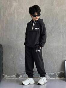 SHEIN 2件組兒童青少年男孩半拉鍊連帽外套與慢跑長褲套裝，休閒運動風，適合秋冬 - 紅色 - 查看 6