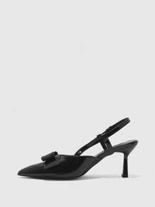 CUCCOO BIZCHIC Retro Glossy Bow High Heels, Pointed Slingback Strap Dating Women's Shoes - Black - View 7