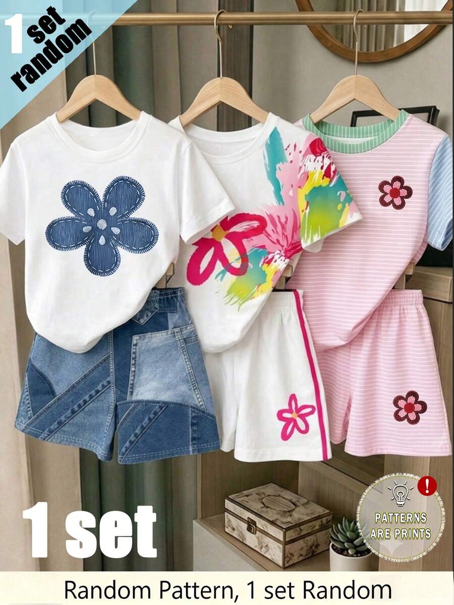 (Patrón aleatorio, 1 set aleatorio) Conjunto de 2 piezas de camiseta corta básica y pantalones cortos para niñas con bloques de color floral verde, rosa y azul, rayas horizontales finas rosas y patchwork azul - Multicolor - Ver 1