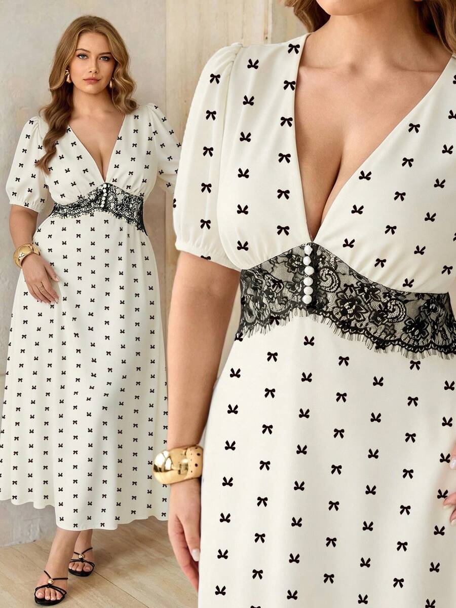 Roveilla Vestido Elegante Flapper Anos 1920 Feminino com Estampa de Laço, Decote em V, Manga Curta, Ajuste Slim, Linha A, Sem Elasticidade, Verão, Casamento, Chá da Tarde, Formal, Preto e Branco