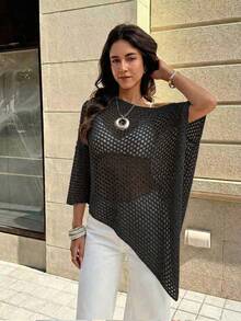 SHEIN Franclia 女款素色鏤空休閒百搭日常穿著針織上衣 - 深灰色 - 查看 4