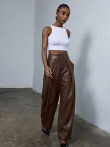 Aveloria Modichic Women's PU Leather Pleated Fashion Versatile Daily Casual Long Pants - Brown - View 6