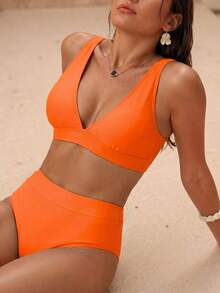 SHEIN Swim 2026 春夏橘色深V領純色性感度假高衩比基尼泳衣兩件套女款 - 橘色 - 查看 1
