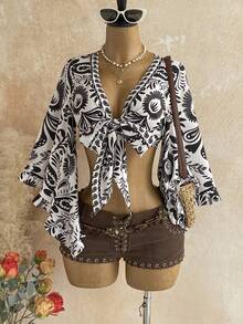 Soleia Women's All-Over Print Knot Front Casual Versatile Daily Travel Shirt - Multicolor - View 4