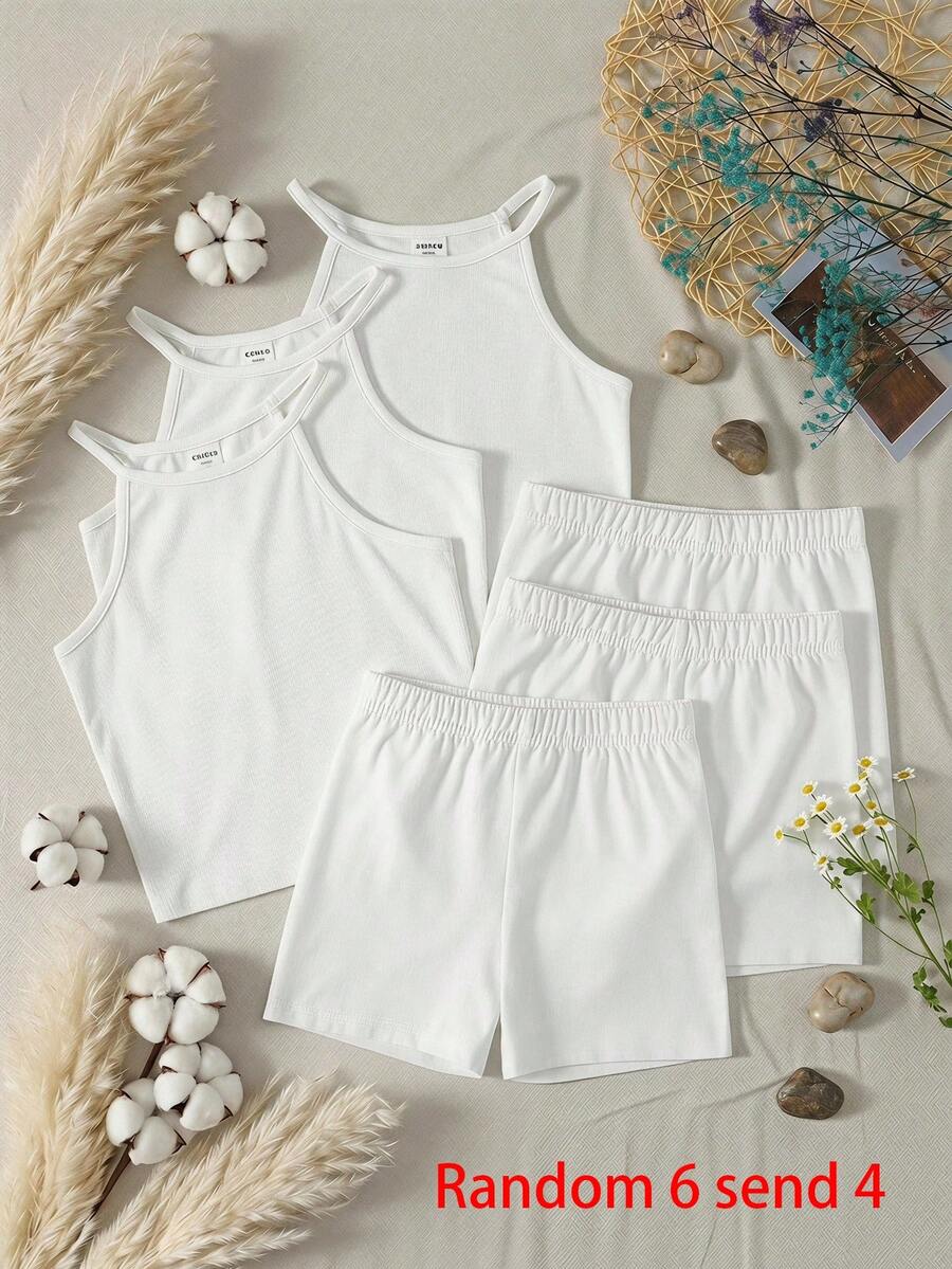 SHEIN 女童春/夏款細肩帶上衣與短褲內衣套裝 2件組 素色/多色 - 白色 - 查看 1