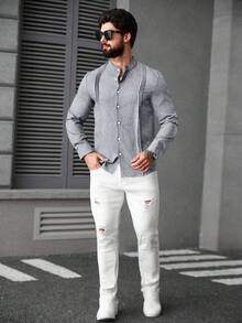 Manfinity CasualCool 男士素色單排扣休閒百搭日常穿著襯衫 - 淺灰色 - 查看 4