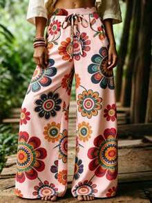 EMERY ROSE Pantalones de pierna ancha con estampado floral estilo casual de vacaciones para mujer de talla grande - Multicolor - Ver 1