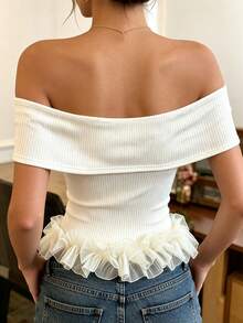 SHEIN Damen Sommer Aprikose geripptes Strick Off-Shoulder Top, Mesh Rüschen Saum Kurz Top, elastisch figurbetont - Aprikosenfarben - Übersicht 4