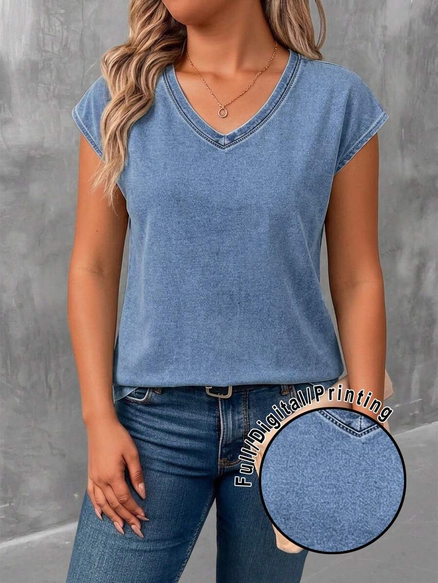 EMERY ROSE Women's V-Neck Short Sleeve T-Shirt, Summer Casual Outdoor Top, Fashion Graphic Texture Print, Suitable For Daily, Outdoor, Shopping, Travel Multi-Functional Wear, Plus Size T-Shirt Top - Multicolor - View 1