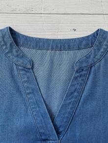 EMERY ROSE EMERY ROSE Plus Size Summer Casual Notch Neck Denim Top - Medium Wash - View 6