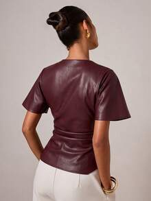 COSMINA Women's Autumn Fashion Solid Color Asymmetrical Hem T-Shirt - Elegant Burgundy, Suitable For Dinner Or Night Out, Burgundy PU, Autumn Top, PU Fabric Autumn - Burgundy - View 2