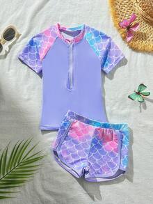 SHEIN Young Girls Camisole Bikini Fish Scale Print Short Sleeve Swimwear Set, Suitable For Beach, Vacation, Play, Summer Bact To School - Purple - View 1