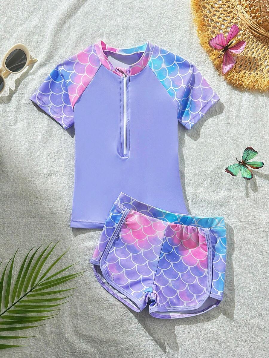 SHEIN Young Girls Camisole Bikini Fish Scale Print Short Sleeve Swimwear Set, Suitable For Beach, Vacation, Play, Summer Bact To School - Purple - View 1
