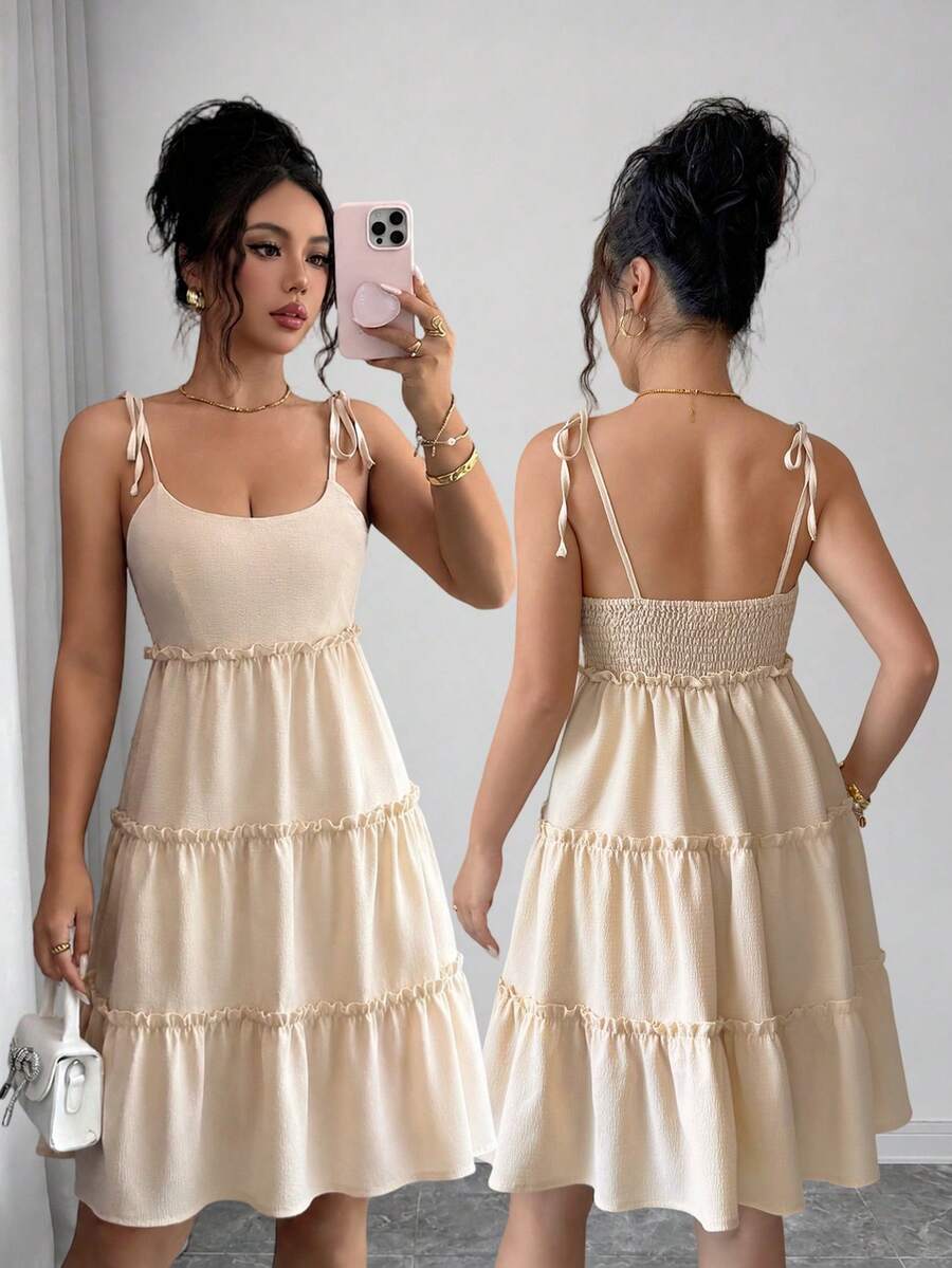 SHEIN Clasi Swiss Dot Frill Trim Cami Dress Wedding Brunch Vacation Beach Outfits Women White Summer Romantic Elegant - Apricot - View 1