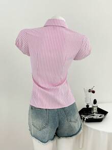 Flirla Women's Striped Collared V-Neck Short Sleeve Blouse, Spring/Summer - Pink - View 2