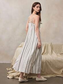 Zovinel Linen Lyocell Women's Geometric Pattern Black And White Striped Single-Breasted Cinched Waist Pocket Cami Dress,Formal Commute Work Vacation Outfit - Multicolor - View 3