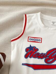 Young Boys' 2-Piece American Streetwear Sports Outfit, Sleeveless Tank Top And Shorts Set With Cartoon Letter Chicago Graphic Print, Street Style Basketball Uniform For Summer - Red - View 4