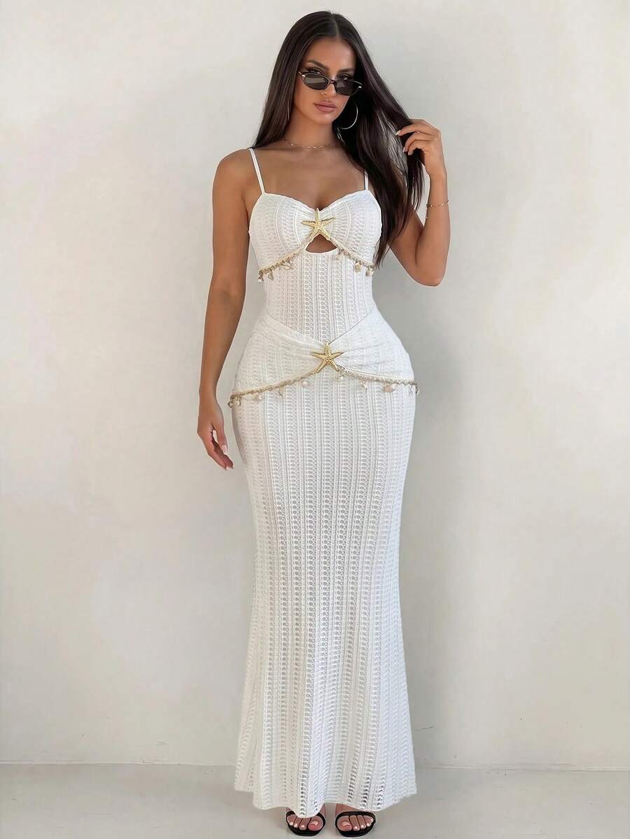 Sirith Solid Color One-Piece Swimsuit, Paired With Starfish Accessories And Beach Dress, Spring/Summer - White - View 1