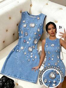 SHEIN Elenzya 春夏休閒度假法式風刺繡串珠3D印花圓領修身無袖短洋裝 優雅時尚白色洋裝 - 藍色 - 查看 5