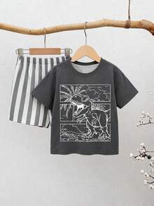 SHEIN 小男孩新款休閒簡約度假風條紋經典恐龍圖案圓領短袖上衣與短褲兩件組，適合夏季、街頭風、日常穿著、外出、度假、春夏時尚 - 彩色 - 查看 5