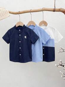 SHEIN 3pcs Young Boy Printed Stand Collar Short Sleeve Shirt Set - Multicolor - View 8