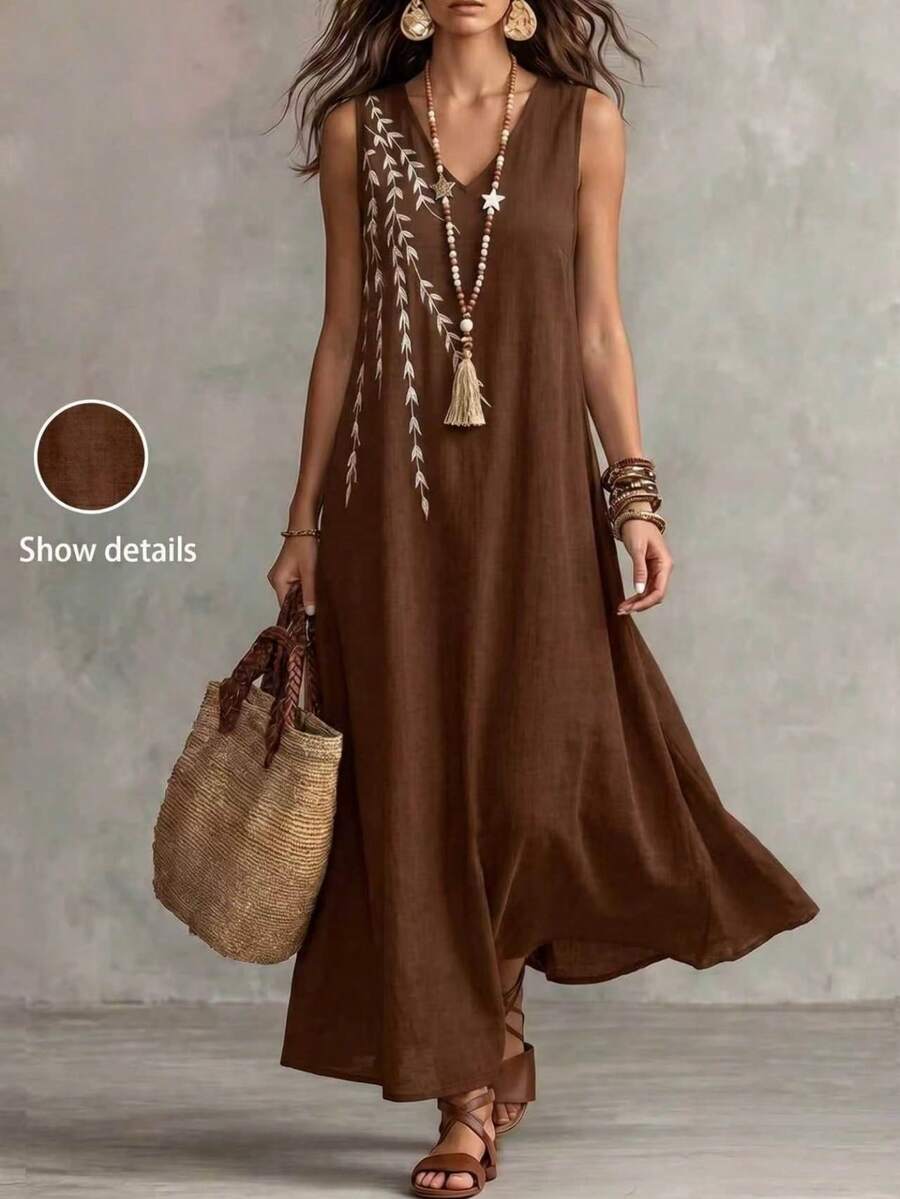 Linhara CURVE Plus Size Light Khaki Sleeveless V-Neck Willow Leaf Embroidered Loose Fit Dress - Coffee Brown - View 1