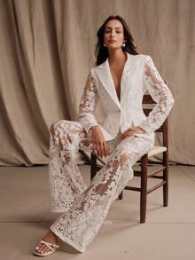 Anewsta Custom White Floral Embroidered Sheer Elegant Romantic Casual Urban Women's Lightweight Blazer Flared Pants Set, Spring/Summer Wedding Party Night - Beige - View 7