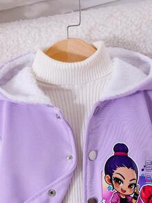 SHEIN 女童紫色長袖連帽卡通角色箔印可愛抓絨內裡外套，秋冬兒童外套 - 紫色 - 查看 3