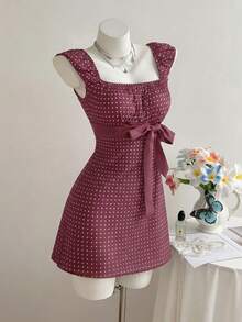 Elamini Women's Polka Dot Pattern Bow Decor Square Neck Dress - Burgundy - View 7