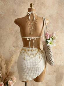 Mistrie Conjunto de Bikini Triángulo con Halter y Falda de Playa para Vacaciones de Verano - Albaricoque - Ver 2