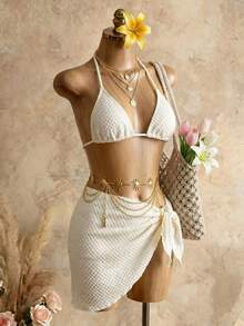 Mistrie Conjunto de Bikini Triángulo con Halter y Falda de Playa para Vacaciones de Verano - Albaricoque - Ver 3