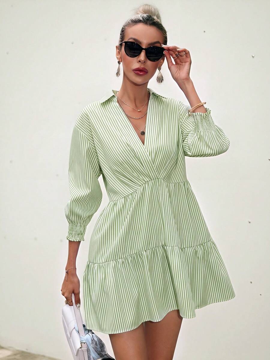 Frievida Striped Print Ruffle Hem Smock Dress Dresses For Women Elegant - Green - View 1