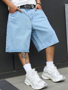 Manfinity EMRG Men's Street Style Casual Embroidered Blue Denim Shorts - Light Wash - View 5