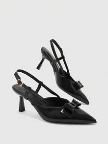 CUCCOO BIZCHIC Retro Glossy Bow High Heels, Pointed Slingback Strap Dating Women's Shoes - Black - View 8