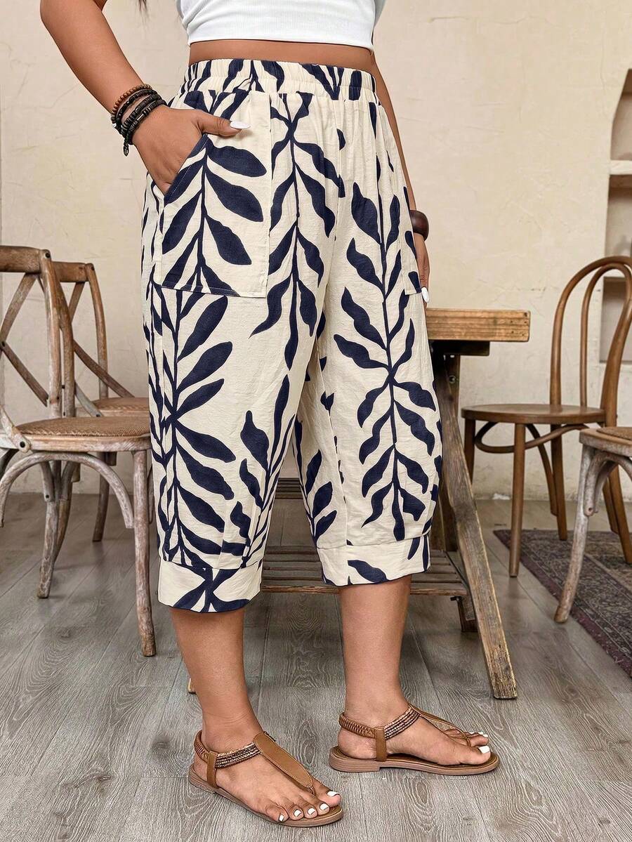 Weeklong Plus SizeCasual Imitation Linen Cropped Pants - Navy Blue - View 1