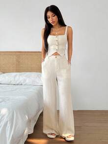 SHEIN EZwear 2件組女款優雅休閒極簡約約會早午餐度假套裝：方領鈕扣背心＋寬鬆寬腿長褲 米色 夏季 - 卡其色 - 查看 6