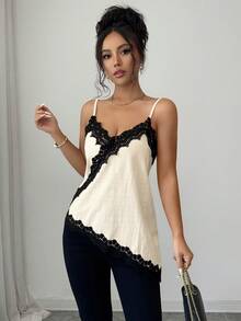 SHEIN Raffinéa 女款優雅法式蕾絲拼接不對稱下擺細肩帶背心 - 彩色 - 查看 5