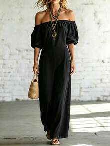 SHEIN Fiorisel Women's Solid Color Casual Loose Off-Shoulder Jumpsuit - Black - View 6