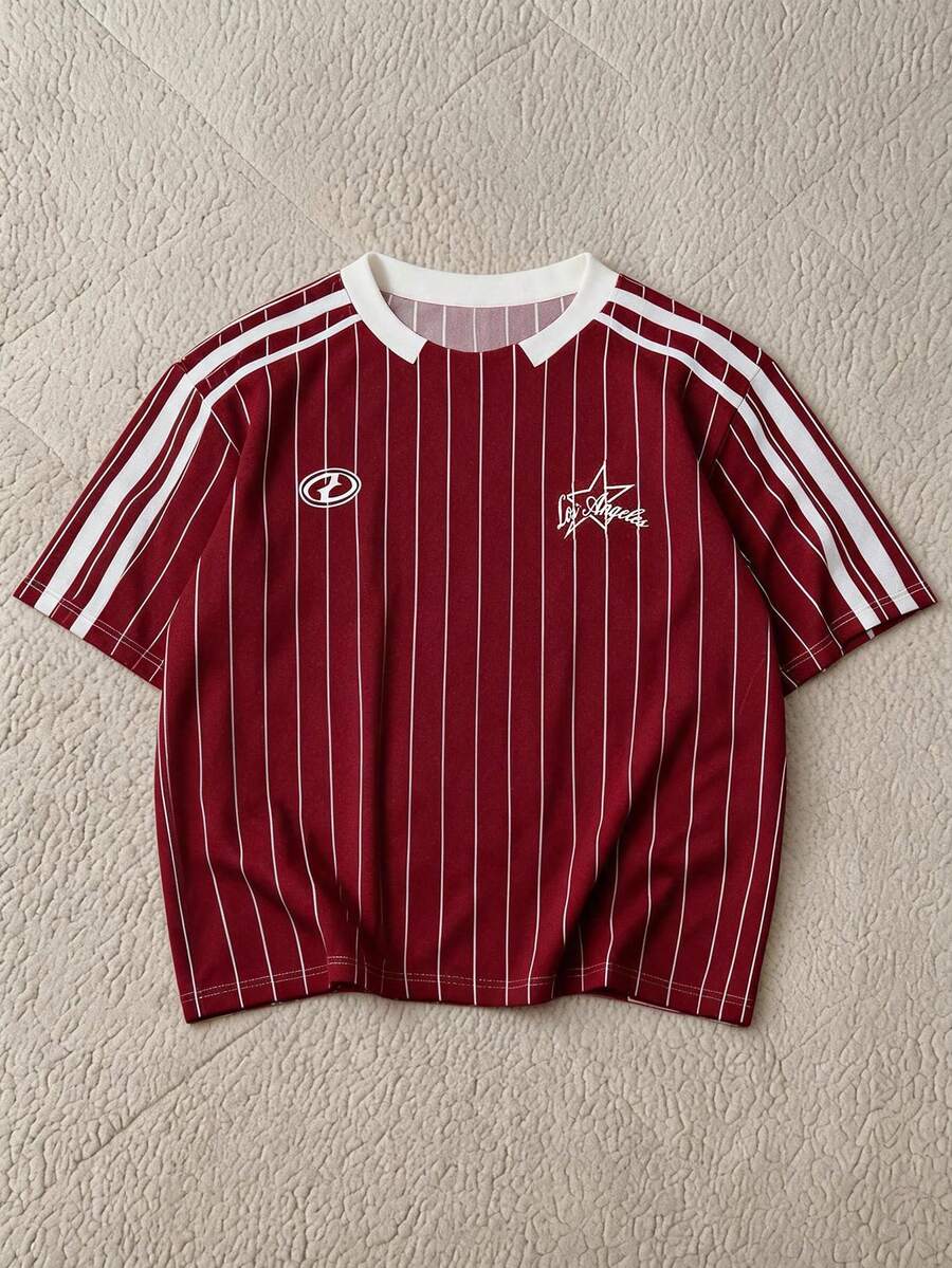 FRESIVO Men's Striped Pattern Colorblock Drop Shoulder Short Sleeve Crew Neck T-Shirt - Red - View 1