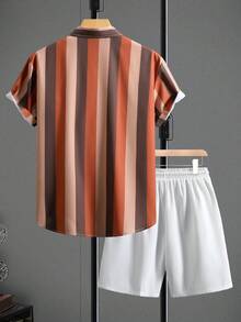Manfinity Homme 男士條紋拼接襯衫短褲套裝 夏季白色青少年男孩套裝 男裝夏季 - 彩色 - 查看 2