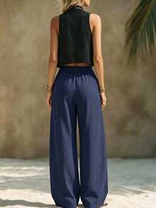 SHEIN Women's Casual Commute Solid Color Wide Leg Long Pants - Blue - View 3