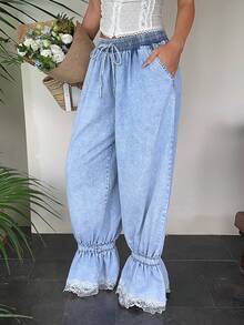 Sunnyshic Jeans de mujer casual boho para vacaciones y salidas, con patchwork de encaje, cintura con cordón, azul claro, verano - Azul - Ver 4