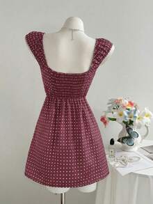 Elamini Women's Polka Dot Pattern Bow Decor Square Neck Dress - Burgundy - View 2
