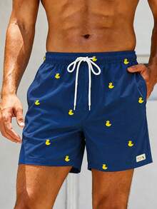 VIVINTIMO Plus Size Men's Cartoon Duck Print Slant Pocket Beach Shorts, Holiday - Navy Blue - View 5