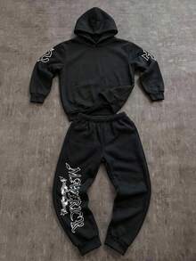 SHEIN 兒童青少年男孩休閒百搭字母圖案連帽衛衣與長褲2件套，適合通勤、上學、日常休閒穿著、外出、運動，秋冬款 - 黑色 - 查看 3